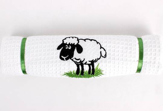Embroidered pure cotton waffle weave souvenir tea towel 'sheep' Code: T/T-EMB/SHE